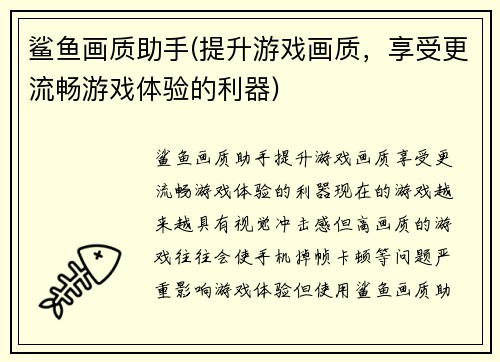 鲨鱼画质助手(提升游戏画质，享受更流畅游戏体验的利器)